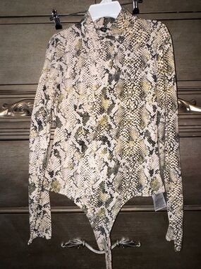 Guess Snake-Print Long Sleeve Bodysuit in Black, Cream & Yellow